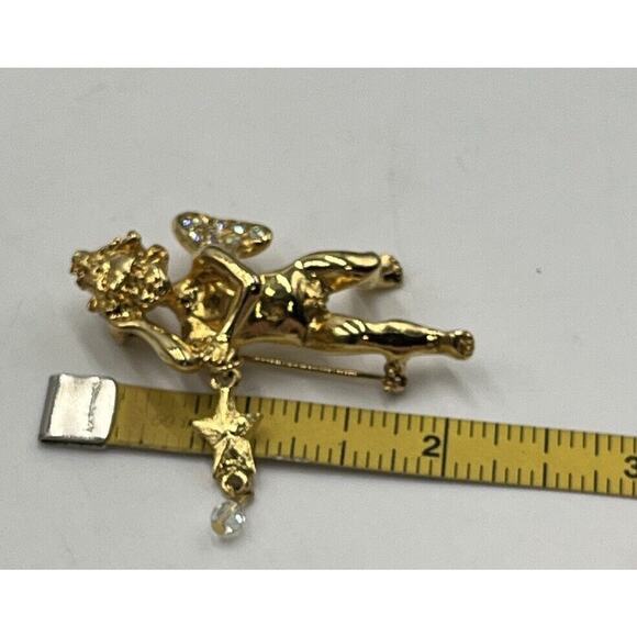Kirks Folly Two Angel Cherub Star Crystal Gold Tone Pin Brooch - Picture 12 of 13